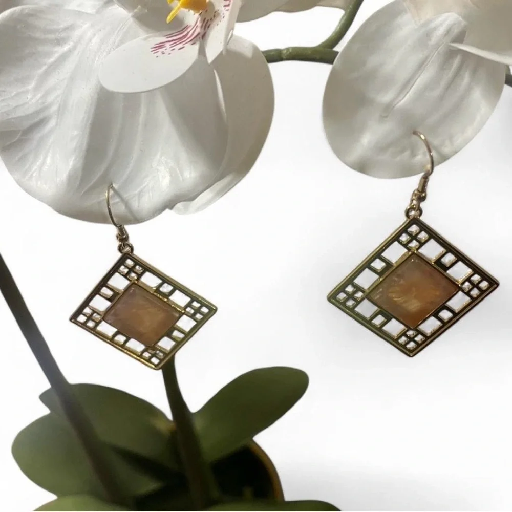 Serena Dangle Earrings Gold/Coral Square Feminine Closet Staple Special Events